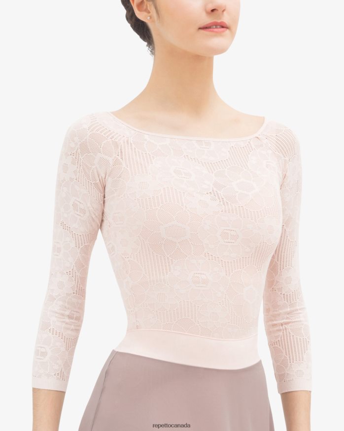 Long Sleeves Top In Rosette Lace Petal Pink Clothing Repetto 48HPNT547 Women